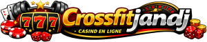 Logo Crossfitjandj - Casino en ligne avec illustrations de machine à sous, dés et jetons de poker sur fond noir