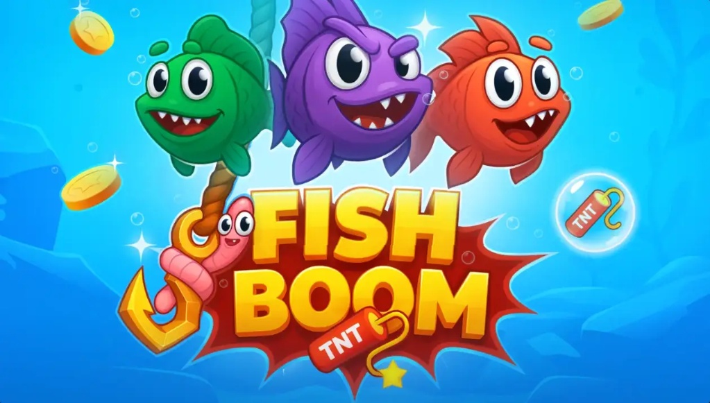 Illustration colorée du jeu "Fish Boom TNT" se déroulant sous l'eau.