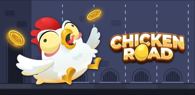 Bannière promotionnelle du jeu de casino Chicken Road représentant un poulet de dessin animé paniqué entouré de pièces d'or.