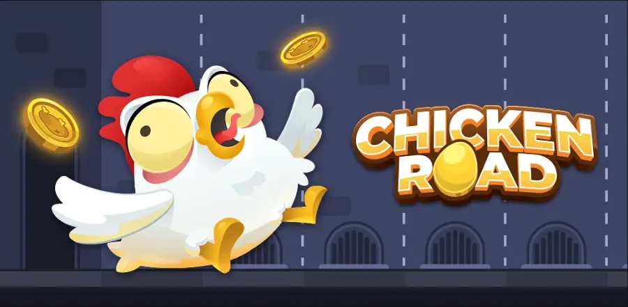 Bannière promotionnelle du jeu de casino Chicken Road représentant un poulet de dessin animé paniqué entouré de pièces d'or.