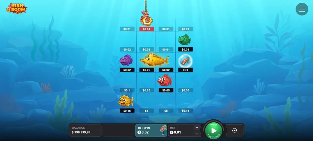 Capture d'écran du jeu en ligne Fish Boom représentant une grille de type machine à sous sous l'eau avec des poissons colorés et des montants de gains.