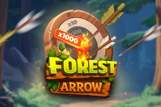 Illustration de l'interface du jeu Forest Arrow présentant un logo en lettres de bois vertes et orange.