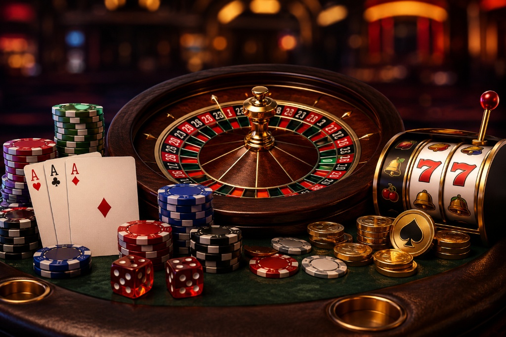 Table de casino réaliste avec une roulette en bois, une mini-machine à sous, des cartes d'as, des dés et des piles de jetons de poker.
