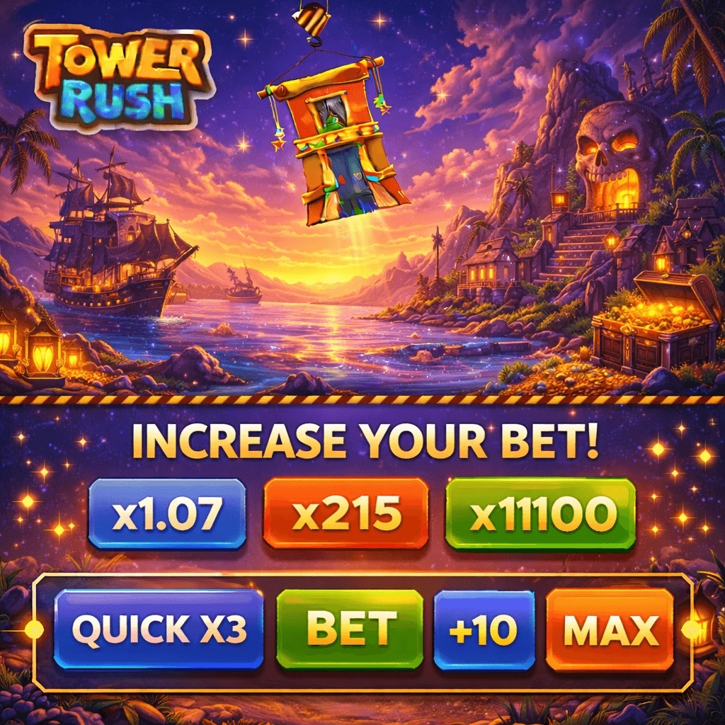 Visuel promotionnel du jeu "Tower Rush" montrant une interface de mise de casino en ligne sur fond d'île de pirates avec un navire et un crâne géant.