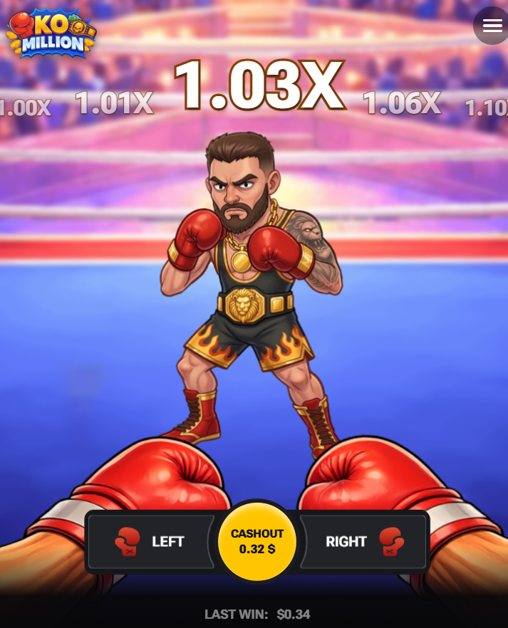 Écran portrait de KO Million et ses boutons Left, Right et Cashout