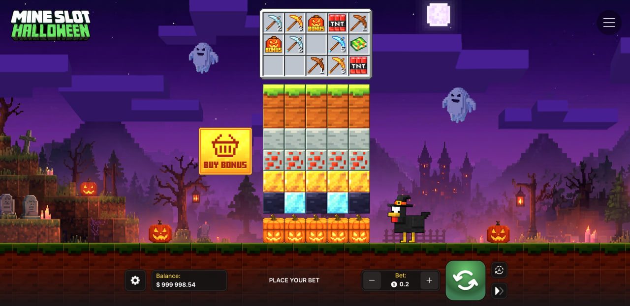 Mine Slot Halloween en cours de partie avec colonnes de blocs, panneau d'outils et Buy Bonus