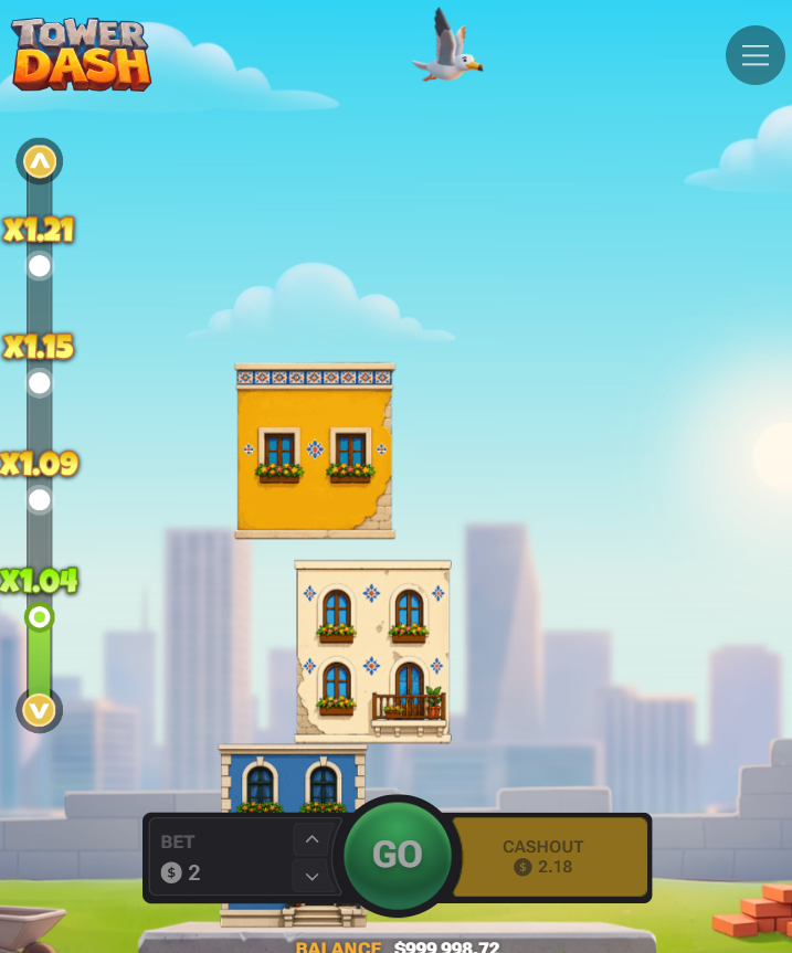 Tower Dash sur smartphone en vertical avec les boutons Go et Cashout