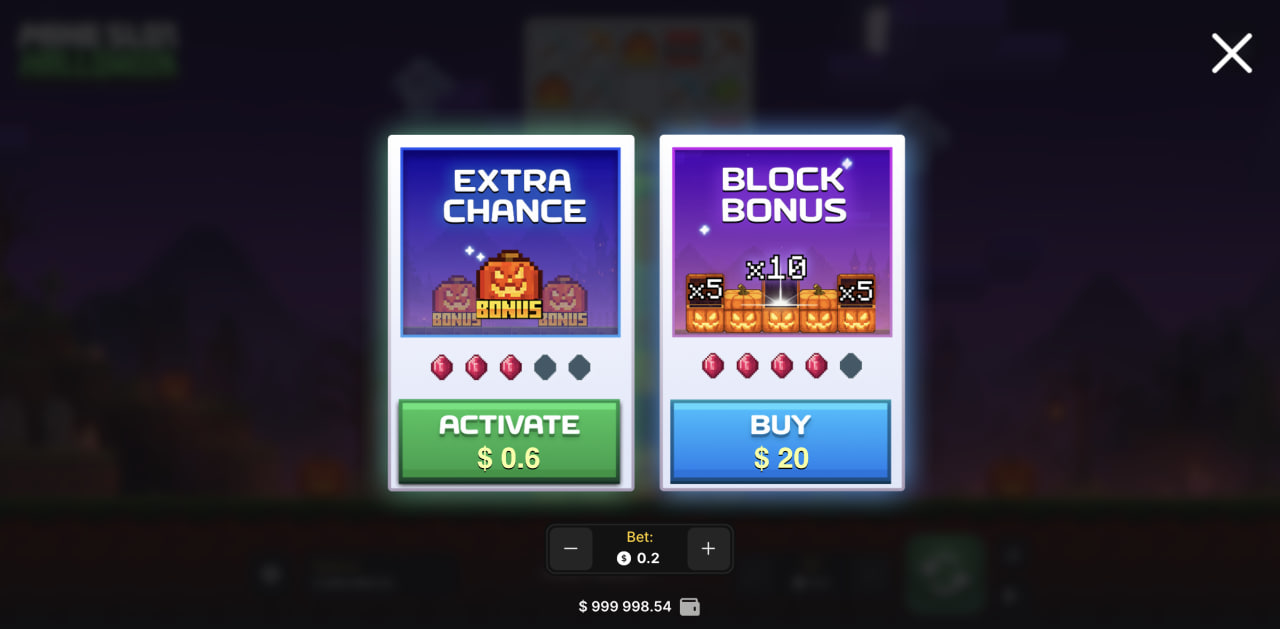 Extra Chance et Block Bonus de Mine Slot Halloween dans leur fenêtre version ordinateur