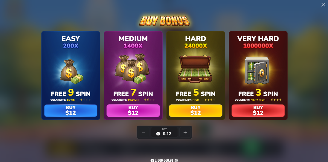 Écran Bonus Buy de MegaBlock Empire avec quatre formules de free spins