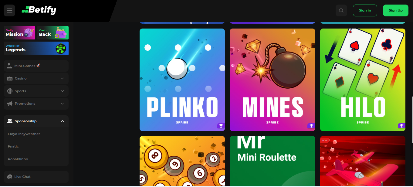 Rubrique des mini-jeux Betify avec Plinko, Mines et Hilo