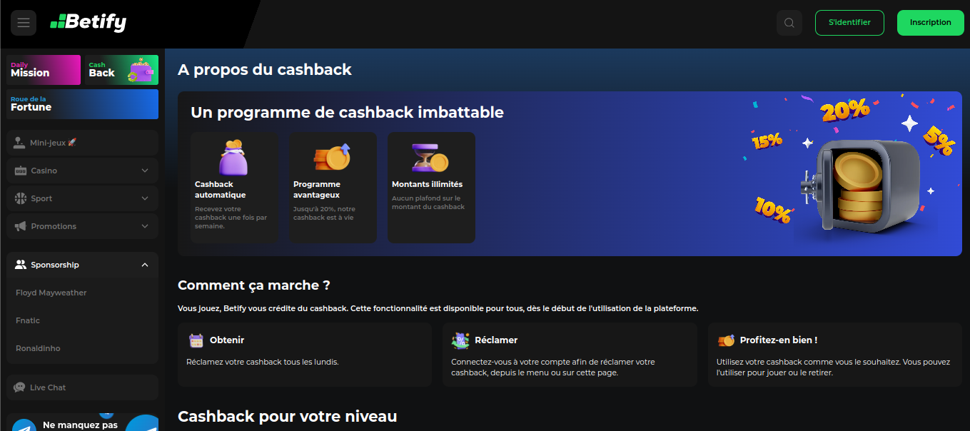 Programme de cashback hebdomadaire sur la page promotions de Betify