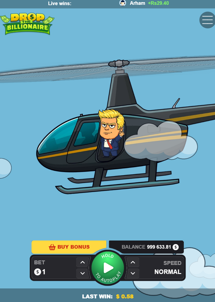 Drop The Billionaire sur smartphone en vertical avec le bouton Buy Bonus